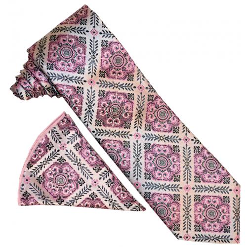 Verse 9 Pink Multi / Black Medallion Design Silk Necktie / Hanky Set NS2018-5